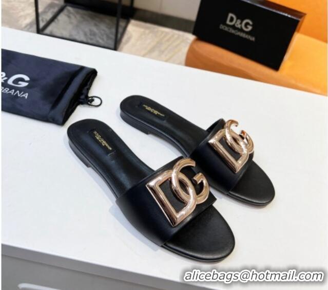 Good Quality Dolce & Gabbana Leather Flat Slide Sandals with DG Logo Black 215091