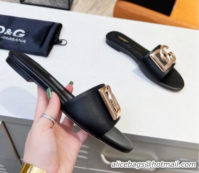 Good Quality Dolce & Gabbana Leather Flat Slide Sandals with DG Logo Black 215091