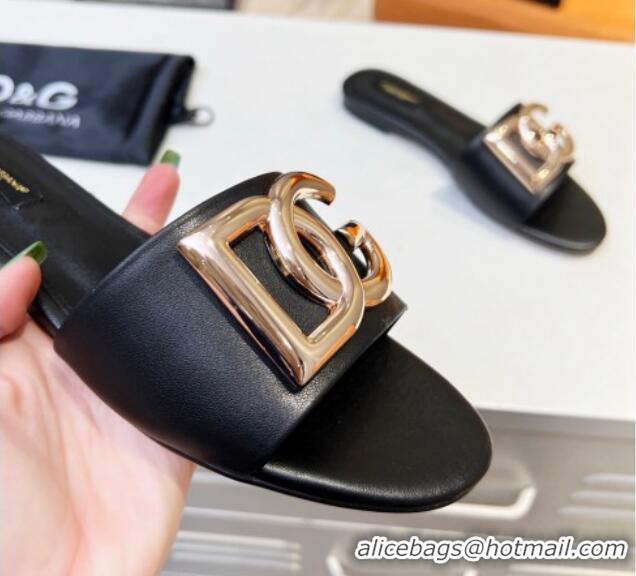 Good Quality Dolce & Gabbana Leather Flat Slide Sandals with DG Logo Black 215091