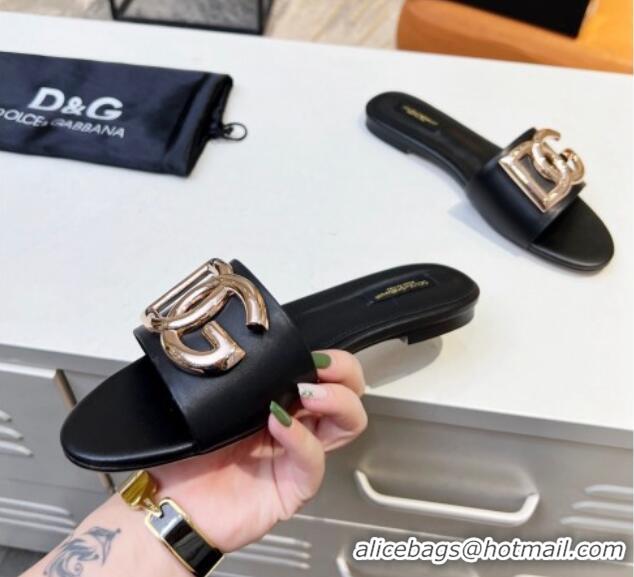 Good Quality Dolce & Gabbana Leather Flat Slide Sandals with DG Logo Black 215091