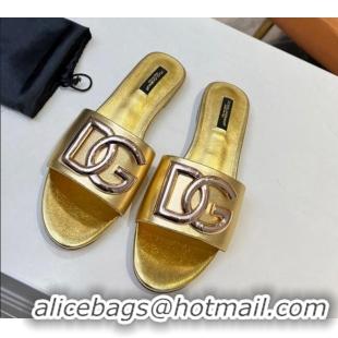 Purchase Dolce & Gabbana Leather Flat Slide Sandals with DG Logo Gold 215092