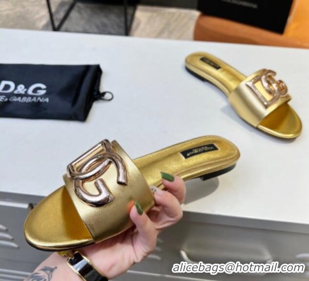 Purchase Dolce & Gabbana Leather Flat Slide Sandals with DG Logo Gold 215092