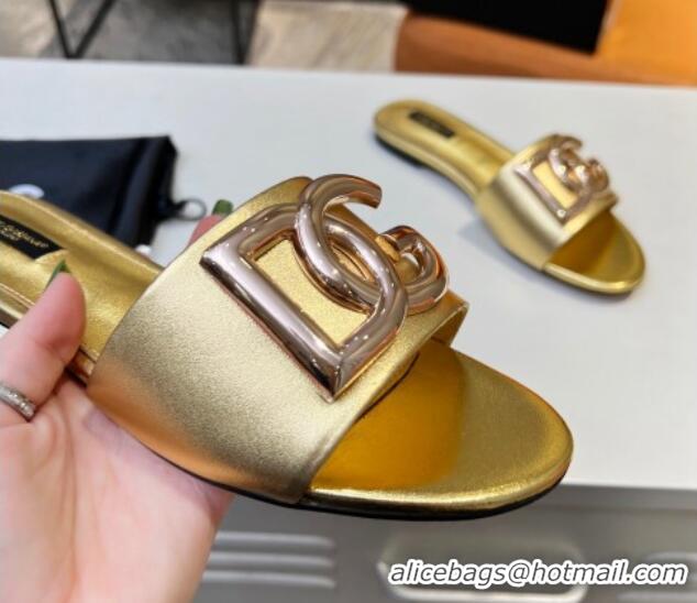 Purchase Dolce & Gabbana Leather Flat Slide Sandals with DG Logo Gold 215092