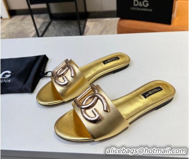 Purchase Dolce & Gabbana Leather Flat Slide Sandals with DG Logo Gold 215092