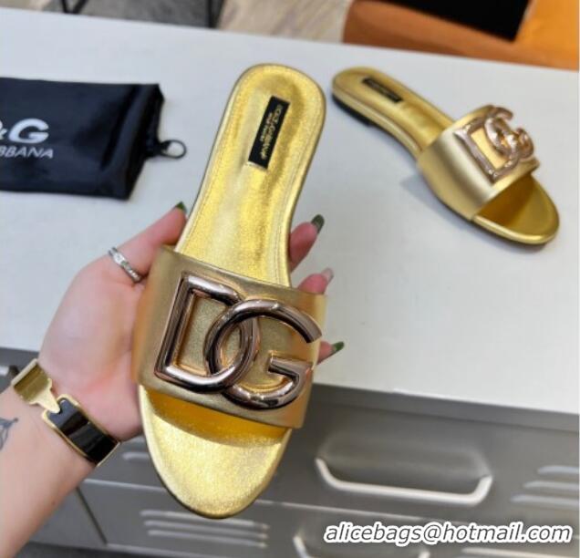 Purchase Dolce & Gabbana Leather Flat Slide Sandals with DG Logo Gold 215092