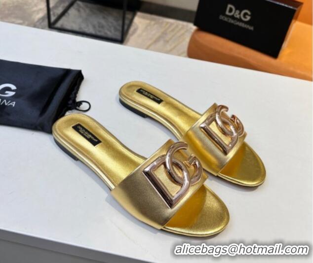 Purchase Dolce & Gabbana Leather Flat Slide Sandals with DG Logo Gold 215092