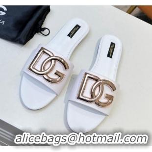 Popular Style Dolce & Gabbana Leather Flat Slide Sandals with DG Logo White 1215093