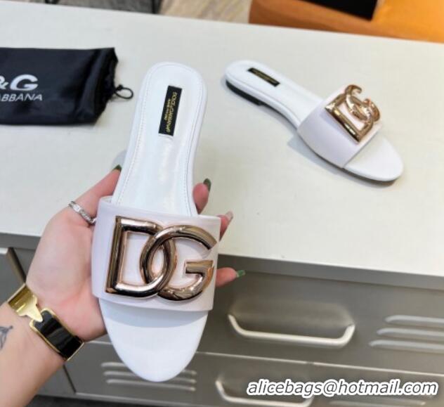 Popular Style Dolce & Gabbana Leather Flat Slide Sandals with DG Logo White 1215093