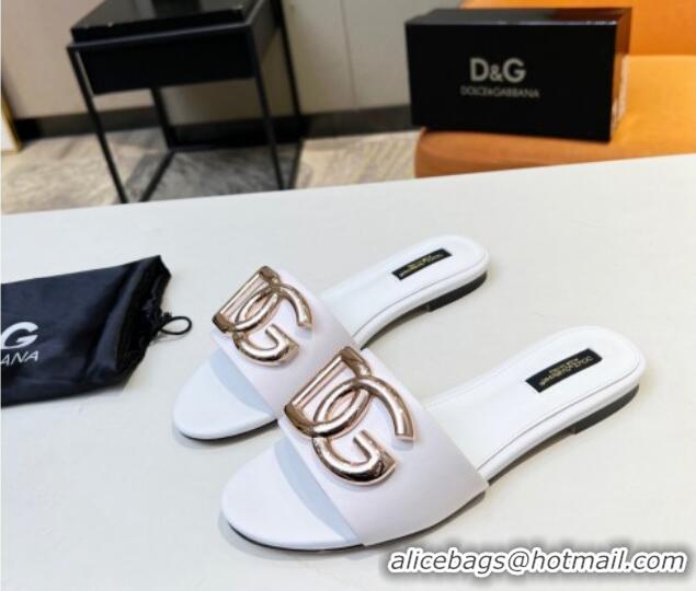 Popular Style Dolce & Gabbana Leather Flat Slide Sandals with DG Logo White 1215093