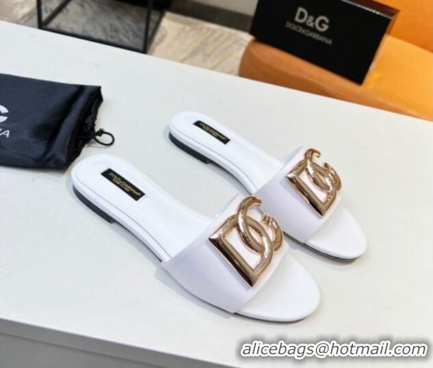 Popular Style Dolce & Gabbana Leather Flat Slide Sandals with DG Logo White 1215093