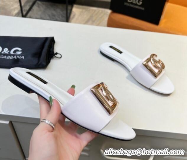 Popular Style Dolce & Gabbana Leather Flat Slide Sandals with DG Logo White 1215093