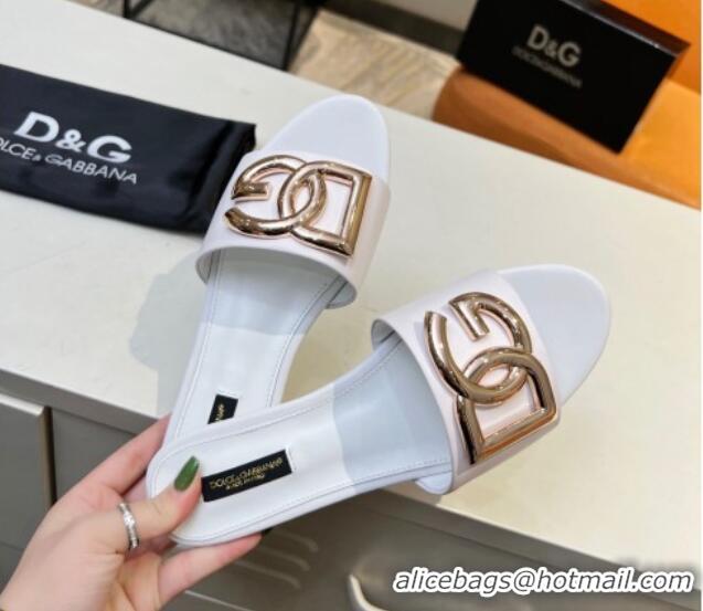 Popular Style Dolce & Gabbana Leather Flat Slide Sandals with DG Logo White 1215093