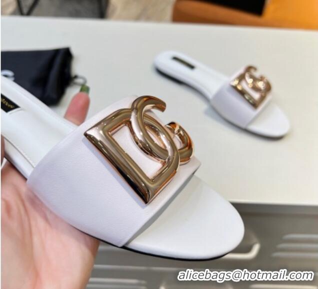 Popular Style Dolce & Gabbana Leather Flat Slide Sandals with DG Logo White 1215093