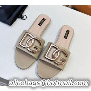 Best Grade Dolce & Gabbana Leather Flat Slide Sandals with DG Logo Beige 215094