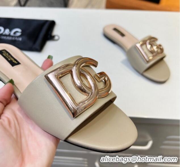 Best Grade Dolce & Gabbana Leather Flat Slide Sandals with DG Logo Beige 215094