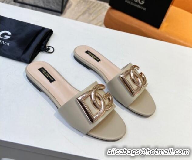 Best Grade Dolce & Gabbana Leather Flat Slide Sandals with DG Logo Beige 215094