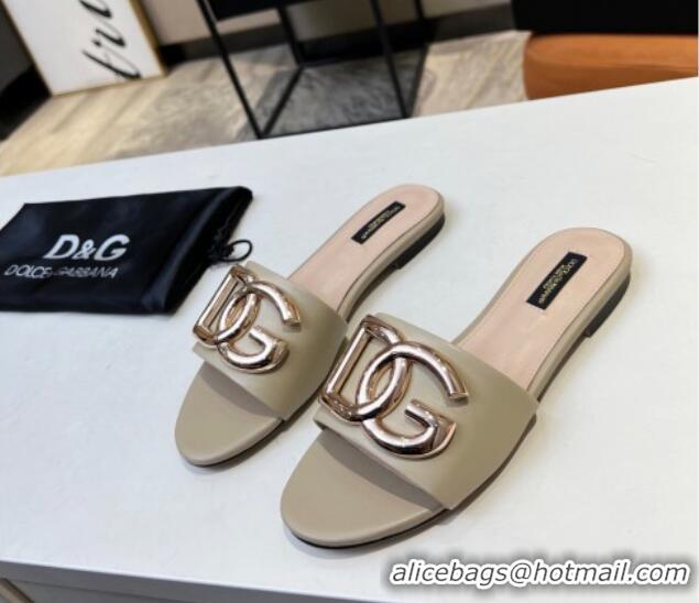 Best Grade Dolce & Gabbana Leather Flat Slide Sandals with DG Logo Beige 215094