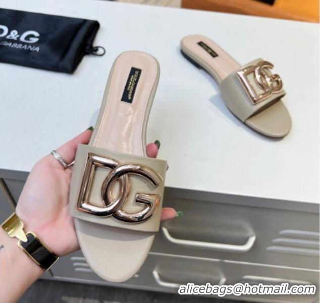 Best Grade Dolce & Gabbana Leather Flat Slide Sandals with DG Logo Beige 215094