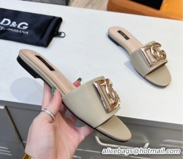 Best Grade Dolce & Gabbana Leather Flat Slide Sandals with DG Logo Beige 215094