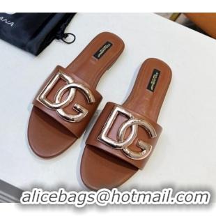 Best Quality Dolce & Gabbana Leather Flat Slide Sandals with DG Logo Brown 215095