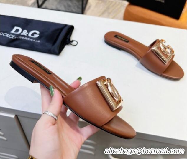 Best Quality Dolce & Gabbana Leather Flat Slide Sandals with DG Logo Brown 215095