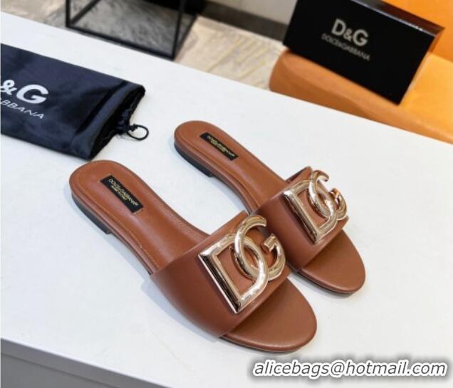 Best Quality Dolce & Gabbana Leather Flat Slide Sandals with DG Logo Brown 215095