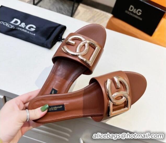 Best Quality Dolce & Gabbana Leather Flat Slide Sandals with DG Logo Brown 215095