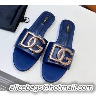 Good Looking Dolce & Gabbana Leather Flat Slide Sandals with DG Logo Royal Blue 215096