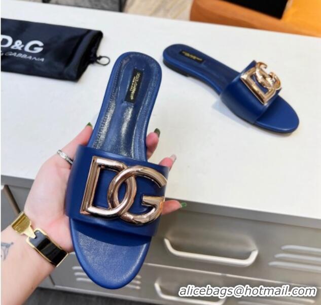 Good Looking Dolce & Gabbana Leather Flat Slide Sandals with DG Logo Royal Blue 215096