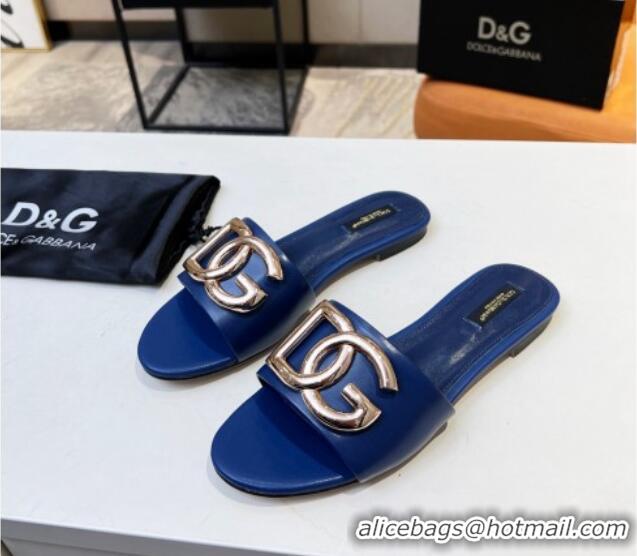 Good Looking Dolce & Gabbana Leather Flat Slide Sandals with DG Logo Royal Blue 215096