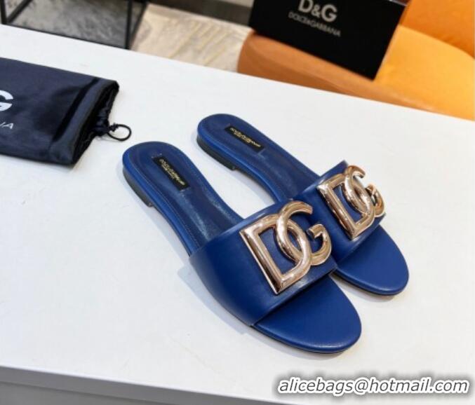 Good Looking Dolce & Gabbana Leather Flat Slide Sandals with DG Logo Royal Blue 215096