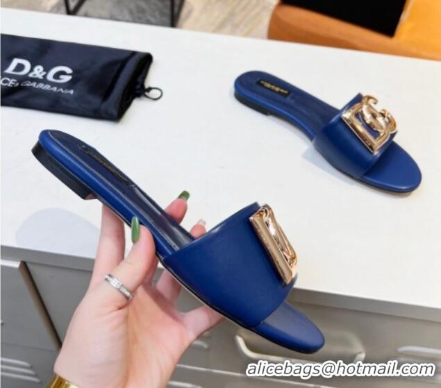 Good Looking Dolce & Gabbana Leather Flat Slide Sandals with DG Logo Royal Blue 215096