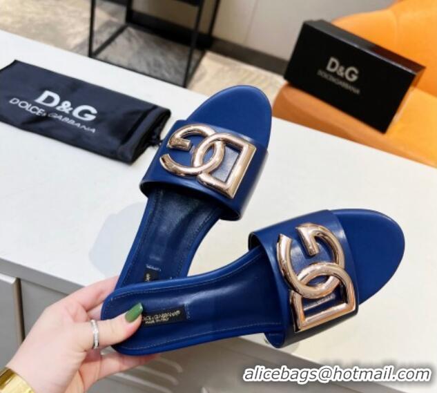 Good Looking Dolce & Gabbana Leather Flat Slide Sandals with DG Logo Royal Blue 215096