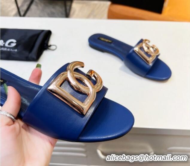 Good Looking Dolce & Gabbana Leather Flat Slide Sandals with DG Logo Royal Blue 215096