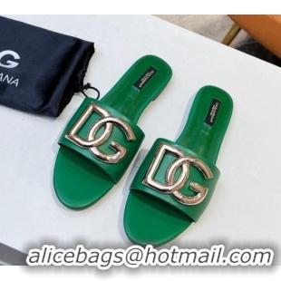 Best Product Dolce & Gabbana Leather Flat Slide Sandals with DG Logo Green 1215097