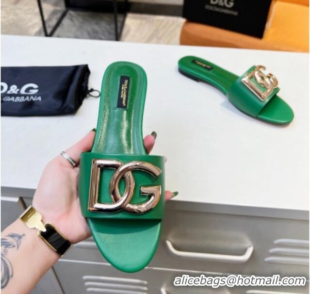 Best Product Dolce & Gabbana Leather Flat Slide Sandals with DG Logo Green 1215097