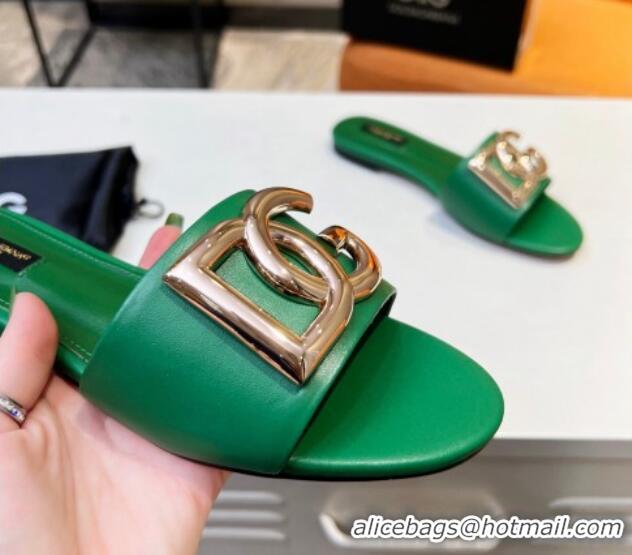 Best Product Dolce & Gabbana Leather Flat Slide Sandals with DG Logo Green 1215097