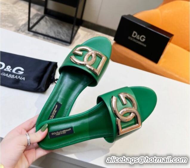 Best Product Dolce & Gabbana Leather Flat Slide Sandals with DG Logo Green 1215097