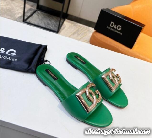 Best Product Dolce & Gabbana Leather Flat Slide Sandals with DG Logo Green 1215097