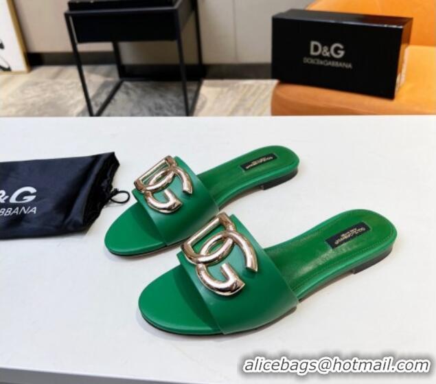 Best Product Dolce & Gabbana Leather Flat Slide Sandals with DG Logo Green 1215097