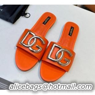 Trendy Design Dolce & Gabbana Leather Flat Slide Sandals with DG Logo Orange 1215098