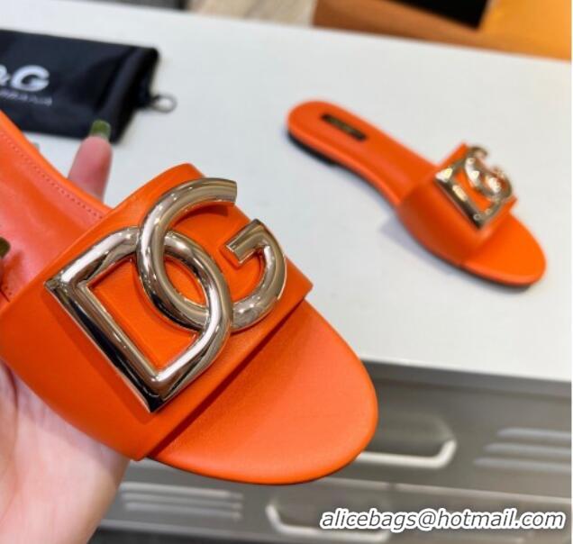 Trendy Design Dolce & Gabbana Leather Flat Slide Sandals with DG Logo Orange 1215098