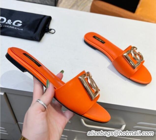 Trendy Design Dolce & Gabbana Leather Flat Slide Sandals with DG Logo Orange 1215098