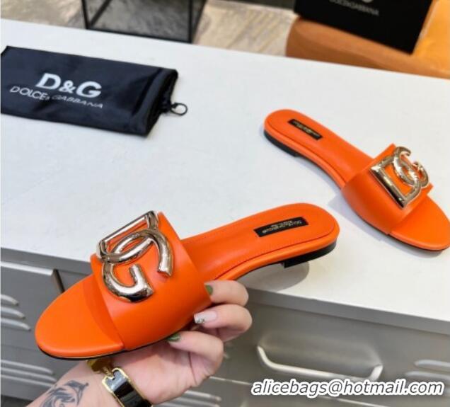 Trendy Design Dolce & Gabbana Leather Flat Slide Sandals with DG Logo Orange 1215098