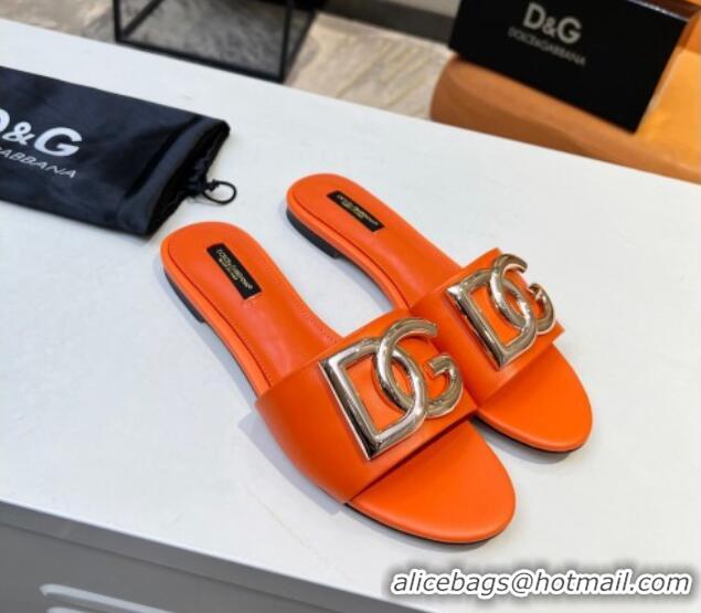 Trendy Design Dolce & Gabbana Leather Flat Slide Sandals with DG Logo Orange 1215098