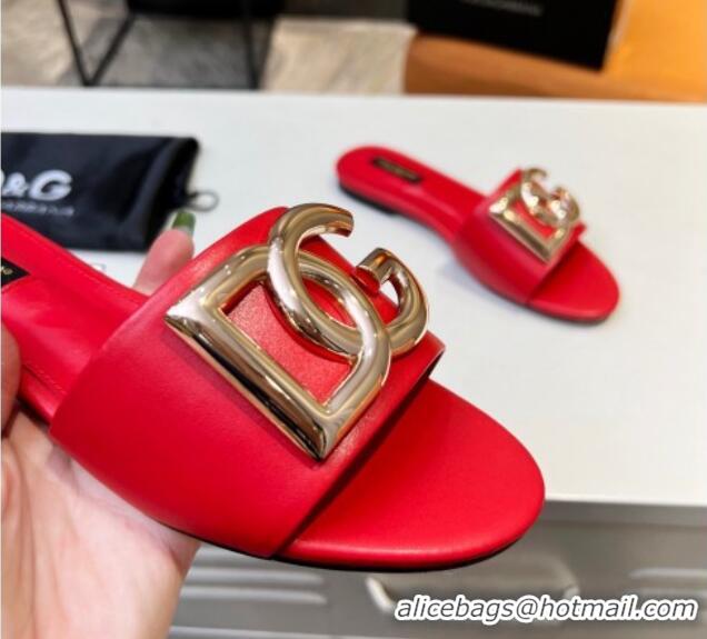 New Design Dolce & Gabbana Leather Flat Slide Sandals with DG Logo Red 215099