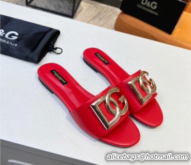 New Design Dolce & Gabbana Leather Flat Slide Sandals with DG Logo Red 215099