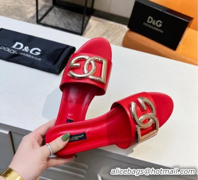 New Design Dolce & Gabbana Leather Flat Slide Sandals with DG Logo Red 215099