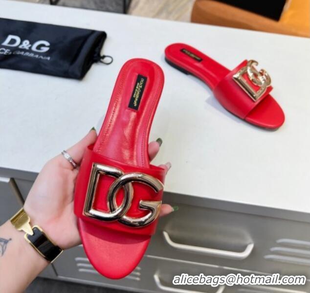 New Design Dolce & Gabbana Leather Flat Slide Sandals with DG Logo Red 215099