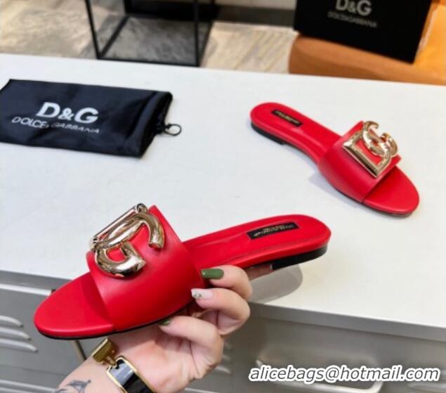 New Design Dolce & Gabbana Leather Flat Slide Sandals with DG Logo Red 215099